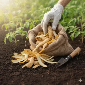 Cascas de batata sendo utilizadas como adubo em plantação.