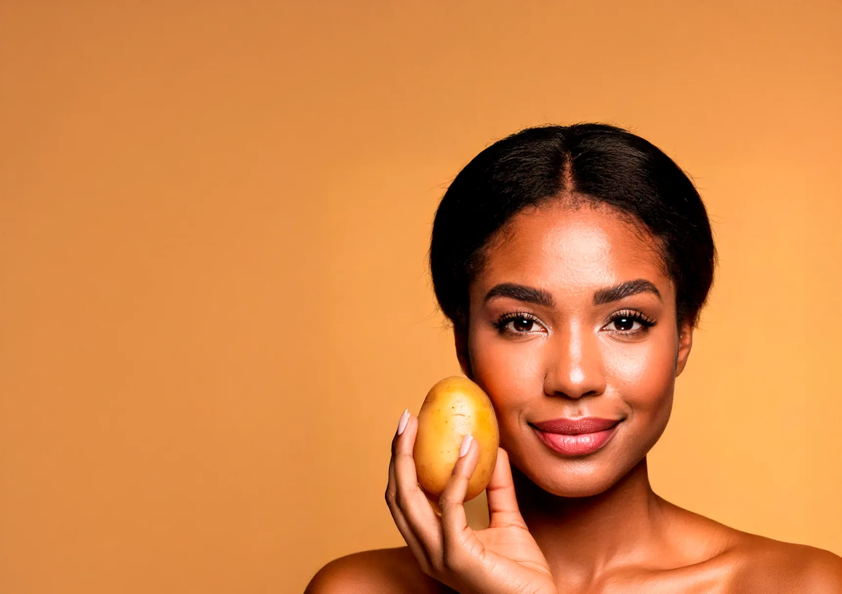 Mulher fazendo skincare com batata.