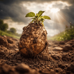 Batata com brotos em cima e a luz do sol, representando a resiliência do setor da batata em 2025.