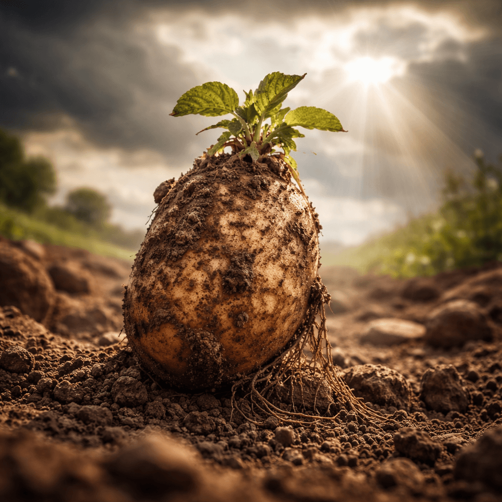 Batata com brotos em cima e a luz do sol, representando a resiliência do setor da batata em 2025.
