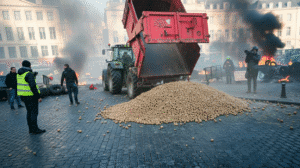 Recriação para fins visuais, representando o momento dos protestos contra o Acordo UE-Mercosul em Bruxelas.