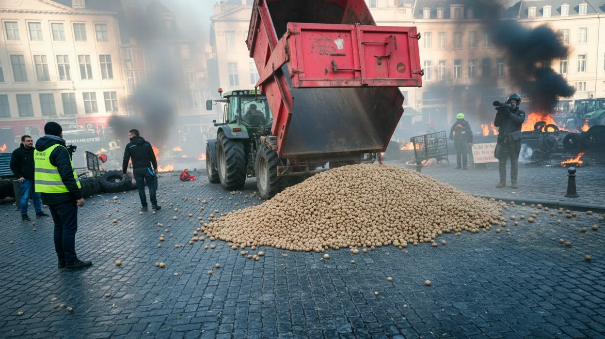 Recriação para fins visuais, representando o momento dos protestos contra o Acordo UE-Mercosul em Bruxelas.