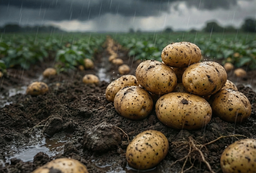 Batatas na chuva, representando o motivo pelo aumento do preço da batata em Janeiro de 2026.